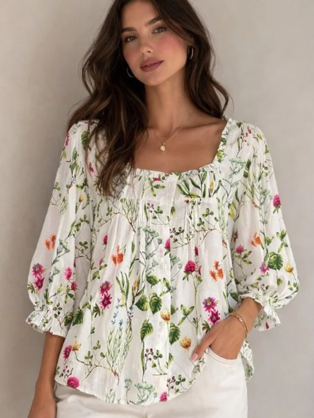 Rachel Zoe Linen Blouse Spring Floral Button Front Puff Sleeve Tunic Festival